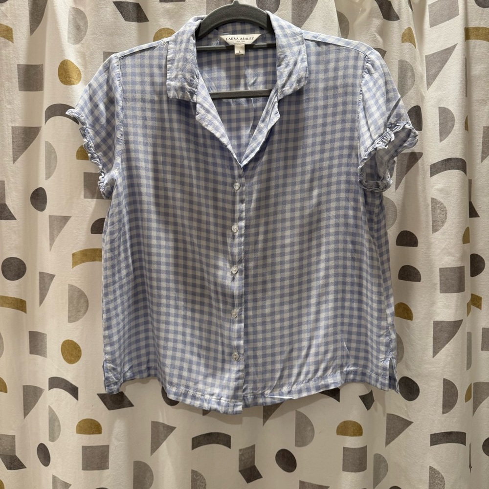 Laura Ashley Vintage Gingham Button-Up Short Sleeve Crop Shirt